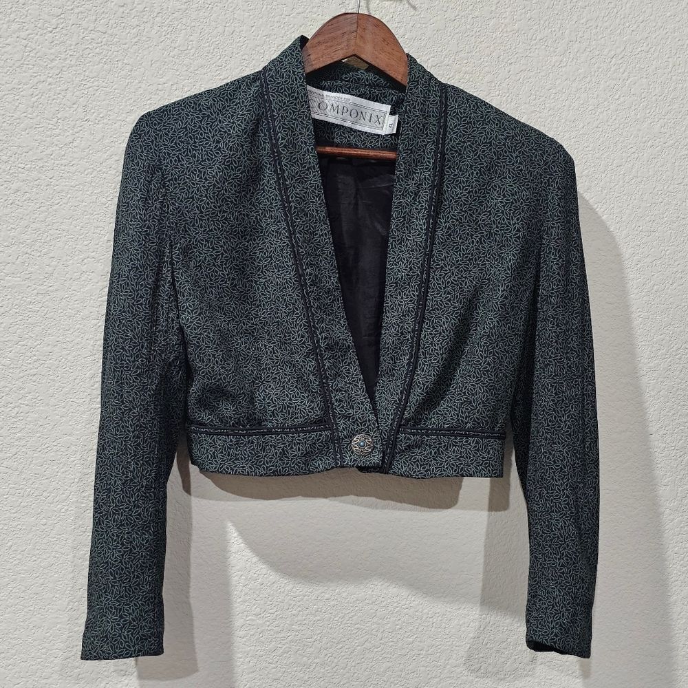 Marsha Brander for Componix Vintage Cropped Jacket Black Green Pattern 80s 90s